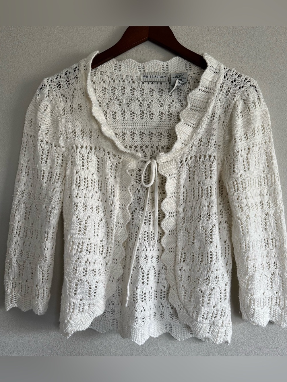 Vintage White Pointelle Knit Tie-Front Cardigan Shrug Small